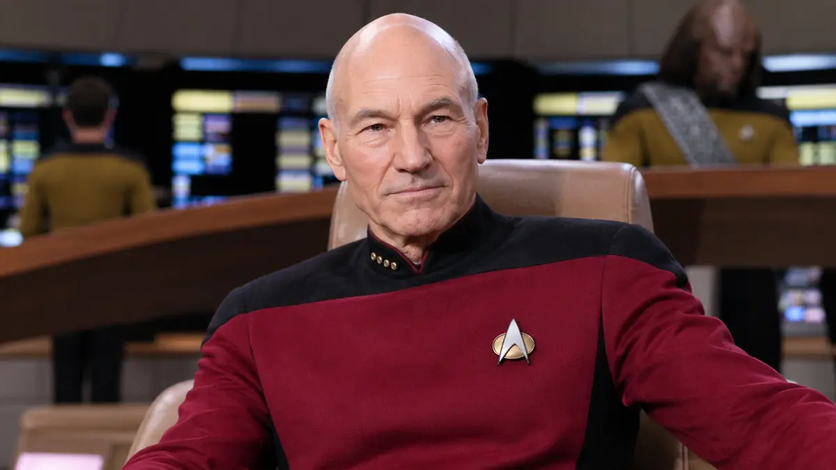 Patrick Stewart as Captain Jean-Luc Picard on the Enterprise bridge