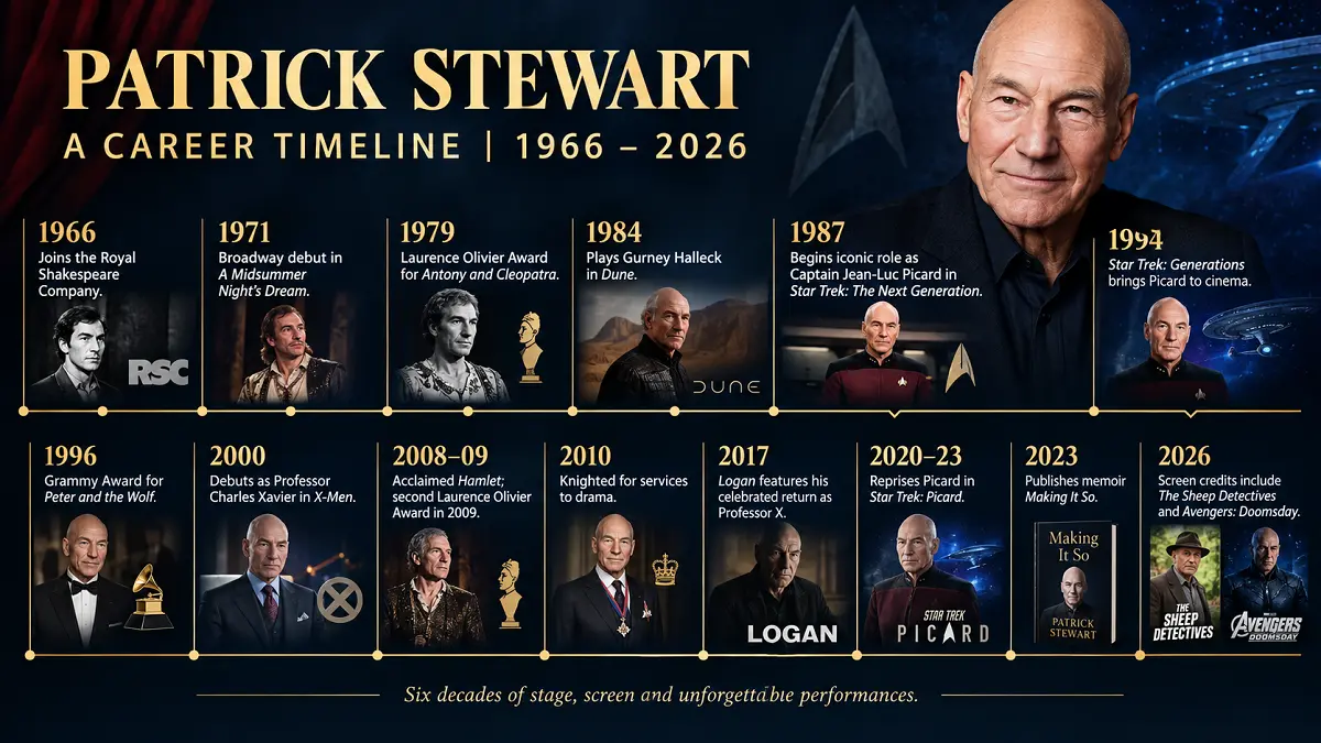 Timeline of Patrick Stewart’s career from 1966 to 2026